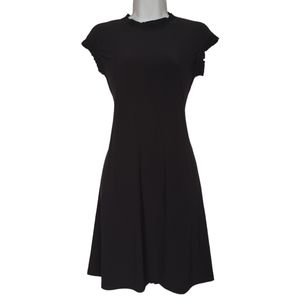 NIK AND NASH Pleated Ruffle Neckline Short Sleeve Black Mini A-Line Dress Large